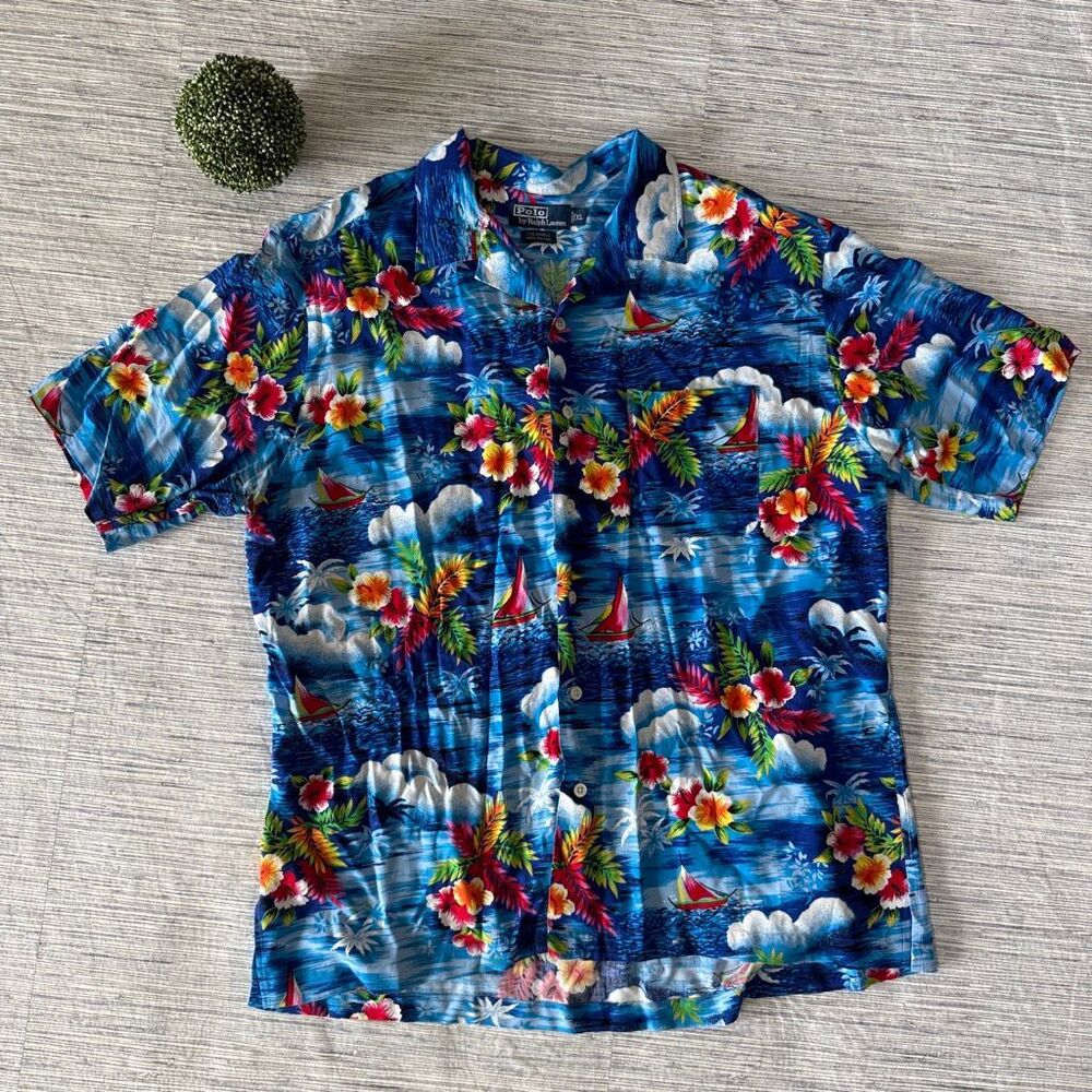 Vintage 90s Polo Ralph Lauren Caldwell Rayon Hawaiian Shirt Blue XL